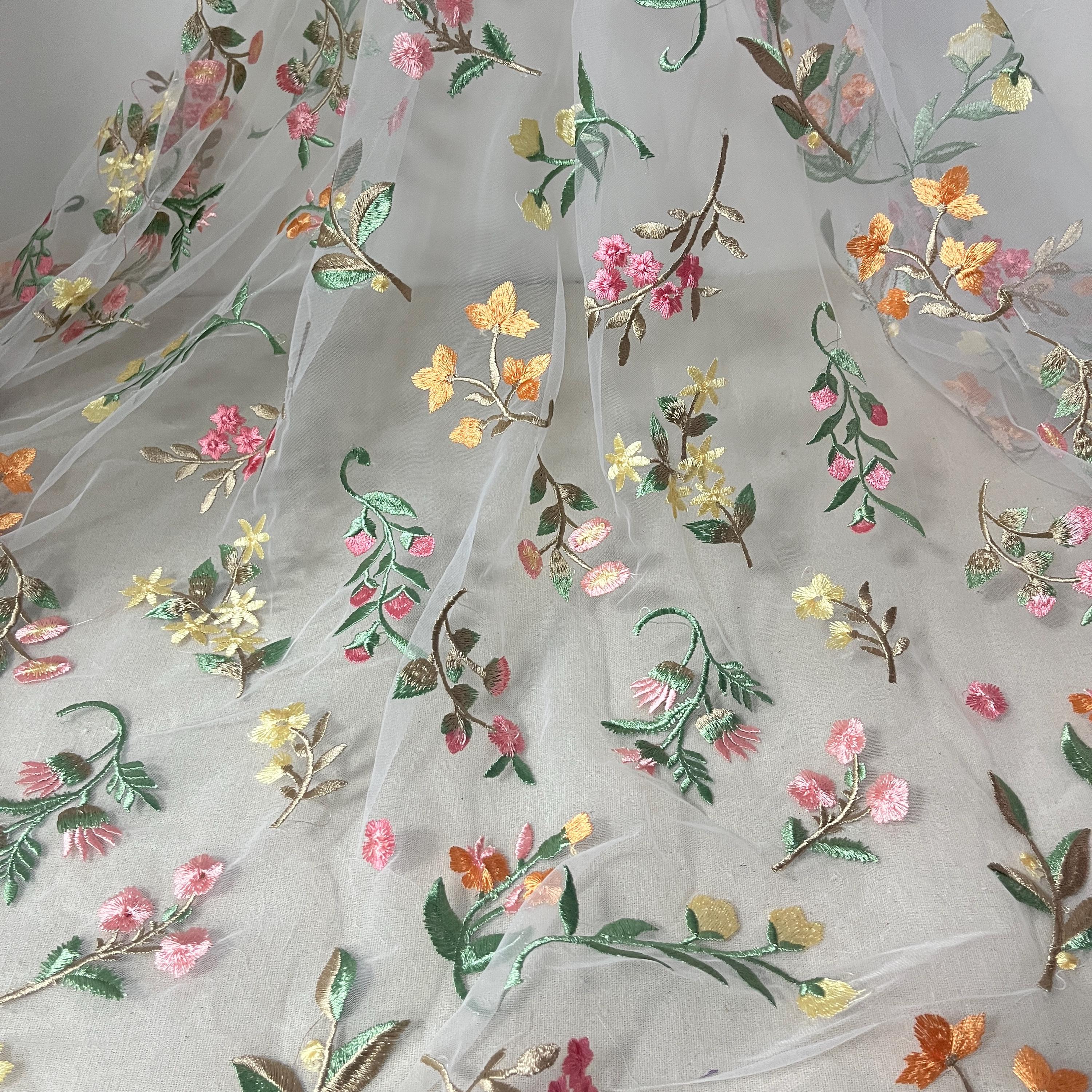 Soft Multi-colors Embroidery Floral tulle lace fabric, Colorful petals fabric for Bridal Veil, Wedding Dress, Curtain Supply, Sewing