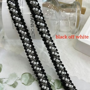 Beaded Trim, Ivory and Silver Beads, Bridal Trim, Wedding Applique, Pearl Beading Trim, 0.39" (1 cm) width, By 1 yard black off white