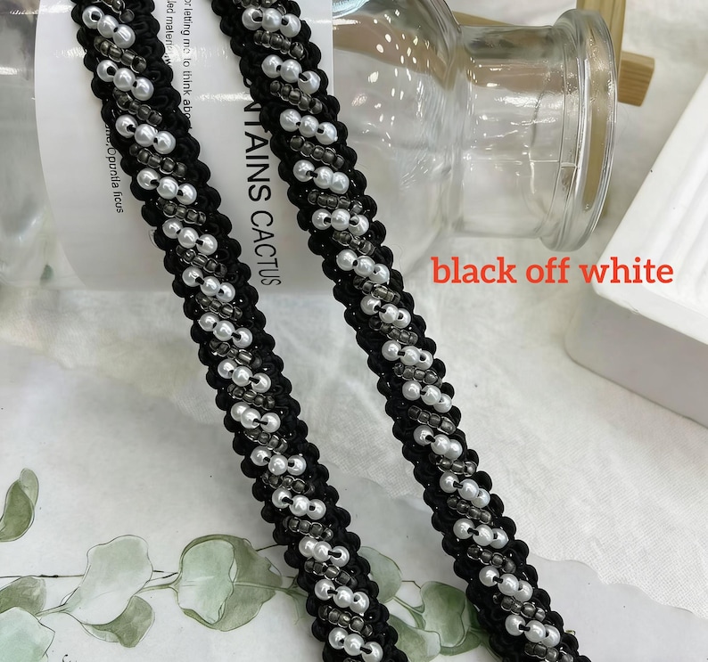 Beaded Trim, Ivory and Silver Beads, Bridal Trim, Wedding Applique, Pearl Beading Trim, 0.39" (1 cm) width, By 1 yard black off white