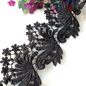 Black Lace Trim, Chic Venice Black Lace trim,  Embroidered Floral Lace Trim for apparel, home decor, sell by 2 yards