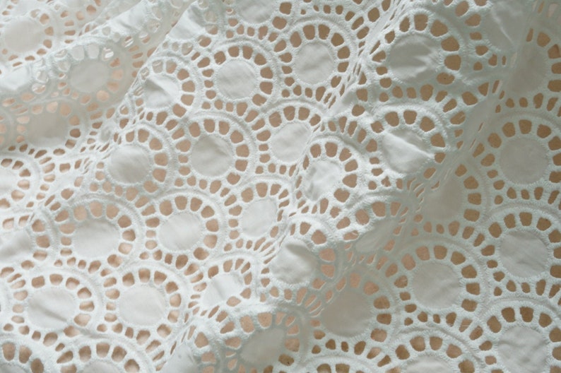 Scallop Pattern Pure cotton lace for Boho Dress Vintage Cotton Eyelet Flower Lace Fabric in Off white Girl Dress Tablecloth or Curtains