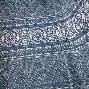 Op de afbeelding: Close-up van een stof met een herhalend geometrisch patroon in blauw- en wittinten. Het ontwerp bevat driehoeken, ruiten en andere vormen, waardoor een textuur ontstaat. De stof lijkt een geweven materiaal te zijn.