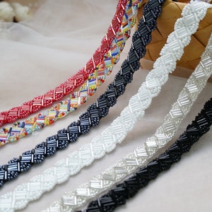 15mm Width Thin Beaded Lace Trim in Milky White / Silver / Navy, Beaded Lace Ribbon For Bridal Sash, Headbands, Costume design, By 1 yard
