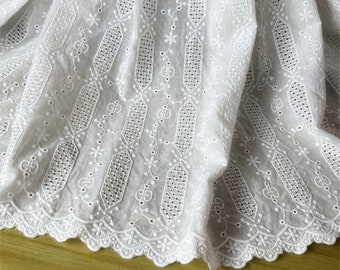 Striped Embroidery Flower Eyelet Cotton Lace Fabric, Geometry Flowers fabric for Boho Beach Dress, Wedding Dress, Curtain, by 1 yard