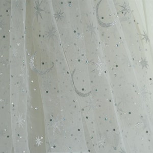 Silver Glitters Stars Moons Bridal Veil lace, Dreamy rhinestones Light Weight Lace Fabric For Bridal Gown, Tutu, Maternity Photography Gown