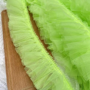 Double Layers Pleated Lace Trim, Green Ruffled Trim in Fluorescent Green For Doll Dress,Baby tutu, Costume Design, Cuff,  By 2 yards