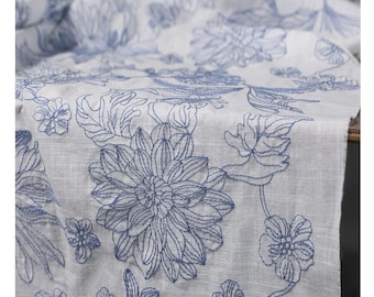 French Romantic Flowers Cotton Linen Fabric, Blue Floral Embroidered Jacquard Fabric, For Blouses, Dress, Curtain, Tablecloth