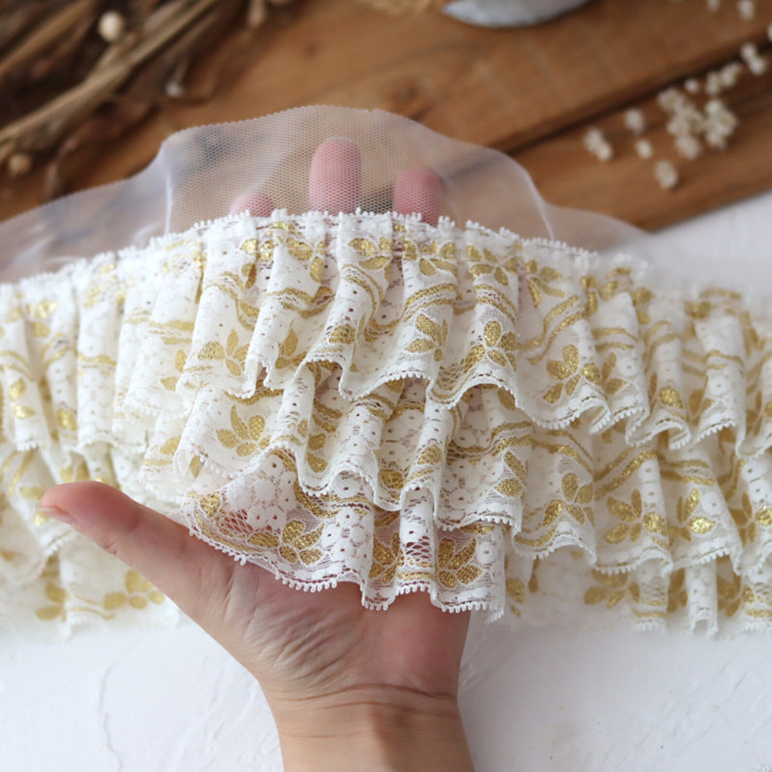 Gold Thread Folding Pleated Lace Trim 3 Layers Frill Trim Etsy