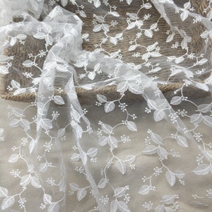 Gorgeous Flower Overlay Tulle lace fabric, Soft Embroidery Leaf Vine Trim fabric For Wedding gown, Bridal Dress, Baby baptism, Bonnet,1 yard