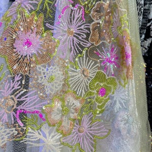 Multi-colors Embroidery Floral Sequins Mesh Fabric, Vibrant Sequined mesh lace for Stage Gown, Full Dress, Rehearsal Dress, 1 yard