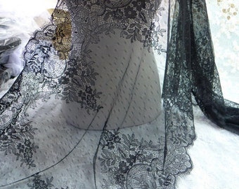 French Chantilly Lace Wider in BLACK for Bridal Lace Caps, Shawls, Gowns, Wedding Table Runner