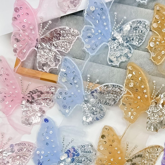 wedding dress beading supplies 3D Silver Beads Wedding Butterfly trim, Sequins Pearls Bead trim for Bridal  Sash Belt, Strap, Flower girl, Veil Supply, Dance dress