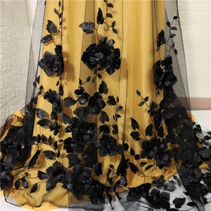 Gorgeous 3D Flower Embroidery Lace Fabric in Off white / Black, Gentle Airy Satin Flowers On Soft Tulle lace For Wedding gown, Prom, 1 yard