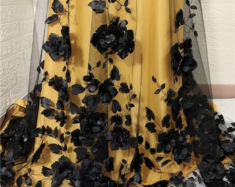 Gorgeous 3D Flower Embroidery Lace Fabric in Off white / Black, Gentle Airy Satin Flowers On Soft Tulle lace For Wedding gown, Prom, 1 yard