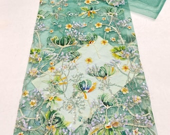 Stunning Embroidery Beading Dandelion Bridal Lace Fabric, Sequined flower petals mesh for Formal Dress, Ceremony prom, Ball gown, 1 yard