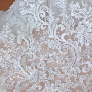 Gorgeous beaded lace on netted gauze fabric for beaded dress, prom, evening gown, formal dress, Bridal, wedding gown, By 1 yard