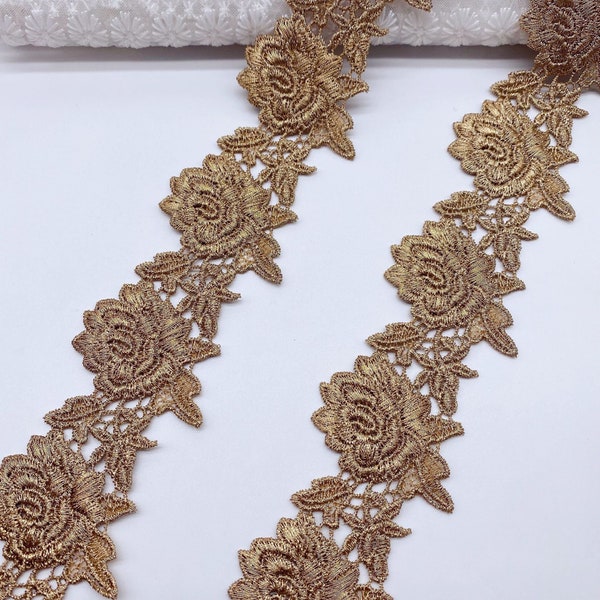 Vintage Rose Gold Lace Trim, Rose flowers Applique Trim For Veil border, Cosplay, Curtain, Princess Crown, DIY Crafts, Garment