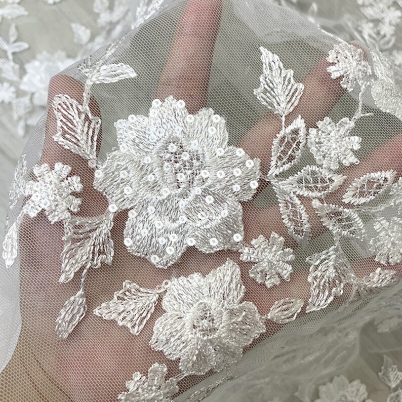 Embroidery Floral Applique Lace Fabric Clear Sequins Etsy