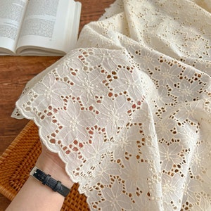 Embroidery Beige Cotton lace fabric, Beige Floral Hollow Eyelets Lace for Boho Beach Dress, Bridal Dress, Summer Sleeves, Baby room