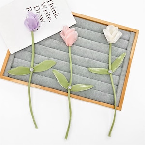 Long Stem Organza 3D tulip Petal, Soft stem Rhinestones patch For Sewing Crafts, Sweater, DIY decor, Blouse pin supply