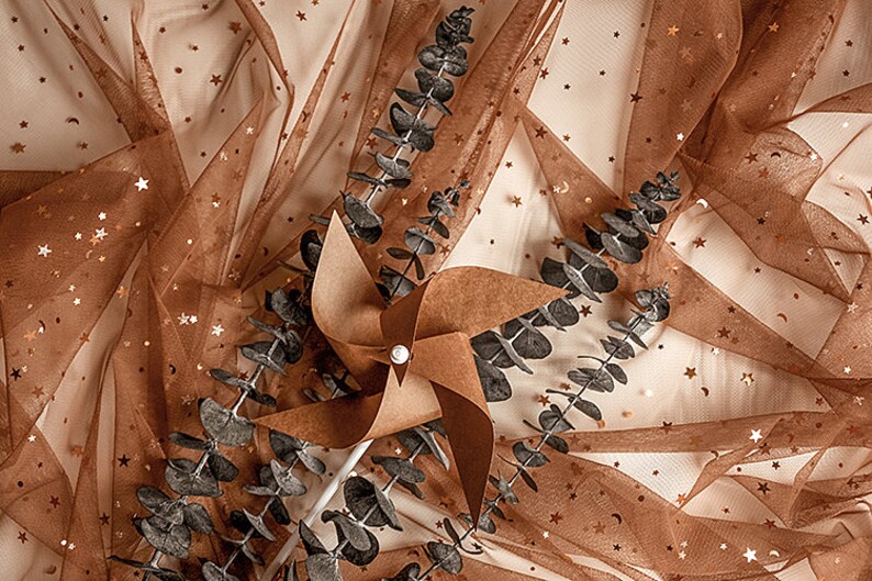 May include: A brown paper pinwheel with a white stick, surrounded by dried eucalyptus branches on a brown tulle fabric with gold glitter stars.