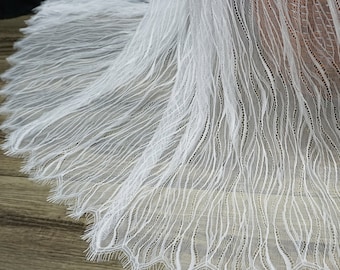 Soft Chantilly lace Fabric in Off White, French Eyelash lace fabric for wedding gown, Boho dress, Prom dress or baptism gown