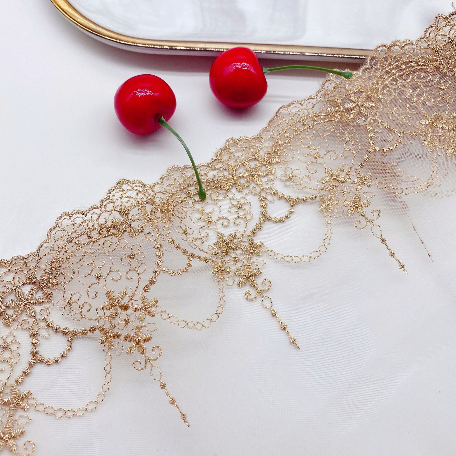 17cm Wide Golden Floral Embroidery Tulle Lace Trim - 3 Yards Retro Style Fabric For DIY Crafts