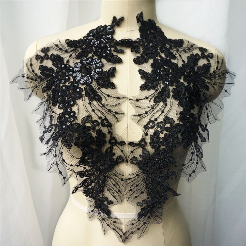 Black Sequined Lace Applique, Alencon Corded Bodice Applique for Lyrical Dance, Bridal, Garments, Wedding Costumes
