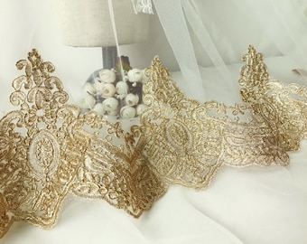 Retro style lace gold cord alencon trim bridal lace for veils, fingerless gloves, gowns dresses, By 1 yard