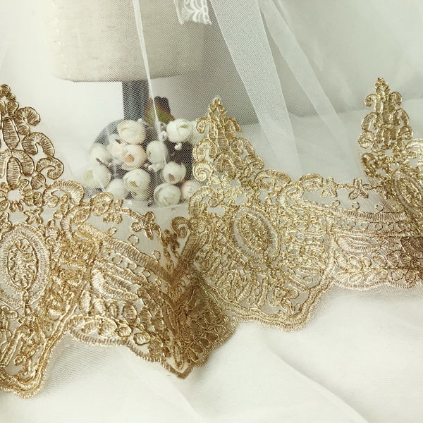 Retro style lace gold cord alencon trim bridal lace for veils, fingerless gloves, gowns dresses, By 1 yard