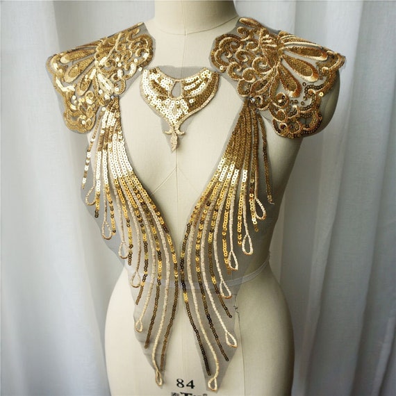Golden Embroidered Collar With Sequins - Floral Lace Applique Neckline Trim 45cm