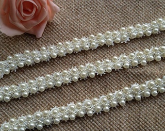 Ivory Wedding Bridal Beaded Trim 36" long 0.78"wide for Women sash, Wedding Belt, Costume Jewelry, By 1 Yard