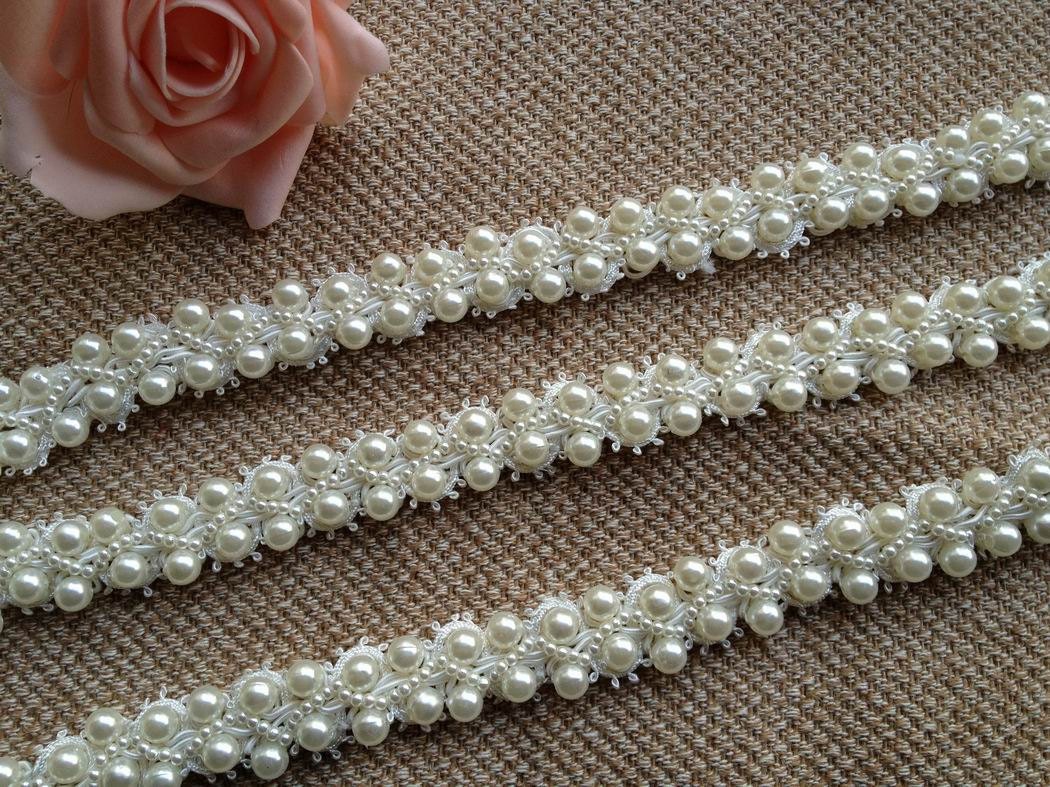 Ivory Wedding Bridal Beaded Trim 36" long 0.78"wide for Women sash, Wedding Belt, Costume Jewelry, By 1 Yard