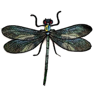 May include: Embroidered dragonfly patch with iridescent green and blue wings, black body, and red and black eyes. The dragonfly has a detailed design and is set against a white background.
