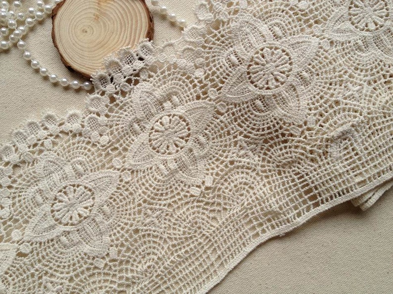 Beige Crocheted Scalloped Lace Ecru Cotton Lace Trim Retro Design Lace, By 1 Yard image 2