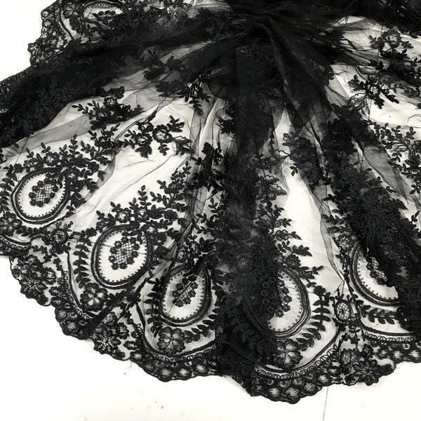 Alencon Embroidery Tulle Fabric, Black Corded Lace Fabric, Elegant Pattern Evening Gowns Fabric, Illusion Dress Fabric, by 1 yard