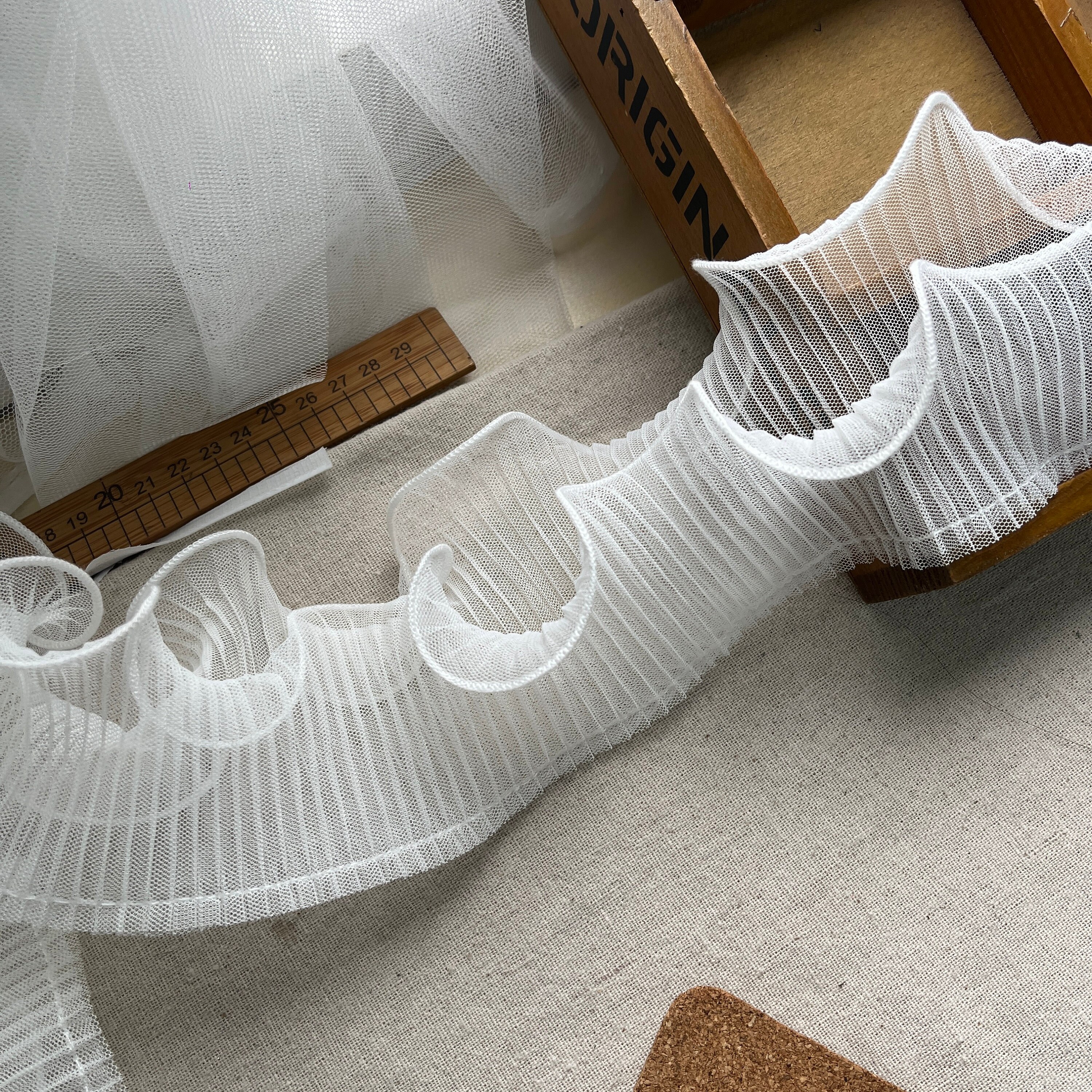 【PILLINGS】SHEER FRILL TRIM CUTSEW 2 Layers Sheer Airy Ruffled Chiffon Lace Trim, Pleated Chiffon