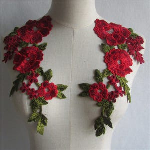 Red flowers Embroidery lace applique, Hollow Bodice Green leaf Lace for Lyrical Dance, Evening Dress, Costume Design, Collar, Prom, 2 Pairs