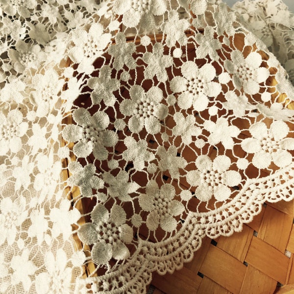 Vintage style cotton fabric, scalloped trim fabric, beige crochet lace fabric, women dress and window curtains fabric