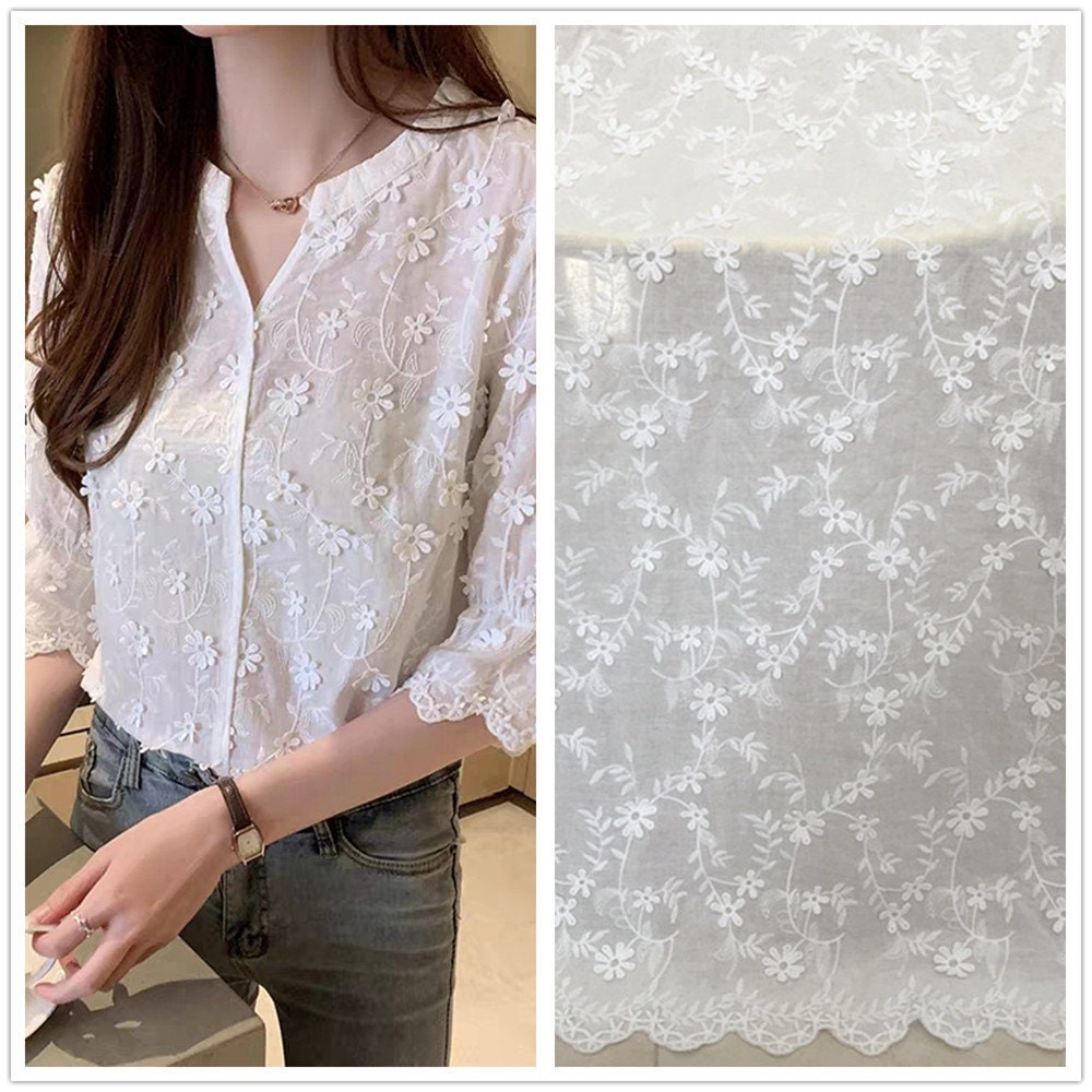 Chic 3D Flower Overlay Cotton Lace Fabric, Scallop Borders for Boho Bridal Dress, Wrap Dress, Wedding, Lace Top, Prairie dress, By 1 yard