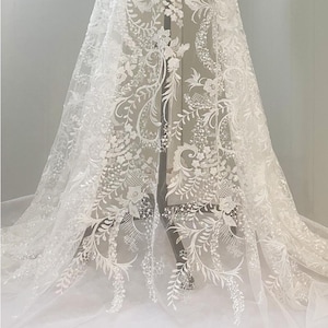 Gorgeous Embroidered Flower Leaf Vine Lace Fabric, Glitter Sequins Beads Tulle Lace, Ideal For Wedding Dress, Party Dress, Ball Gown, 1 Yard