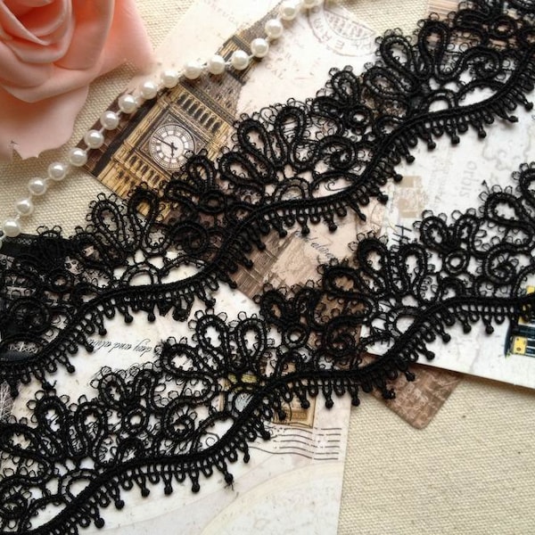 Schwarze Spitzenborte, Armband Spitze, Exquisite Bestickte Spitze, Vintage Schwarzes Kleid Besatz, 1 Meter