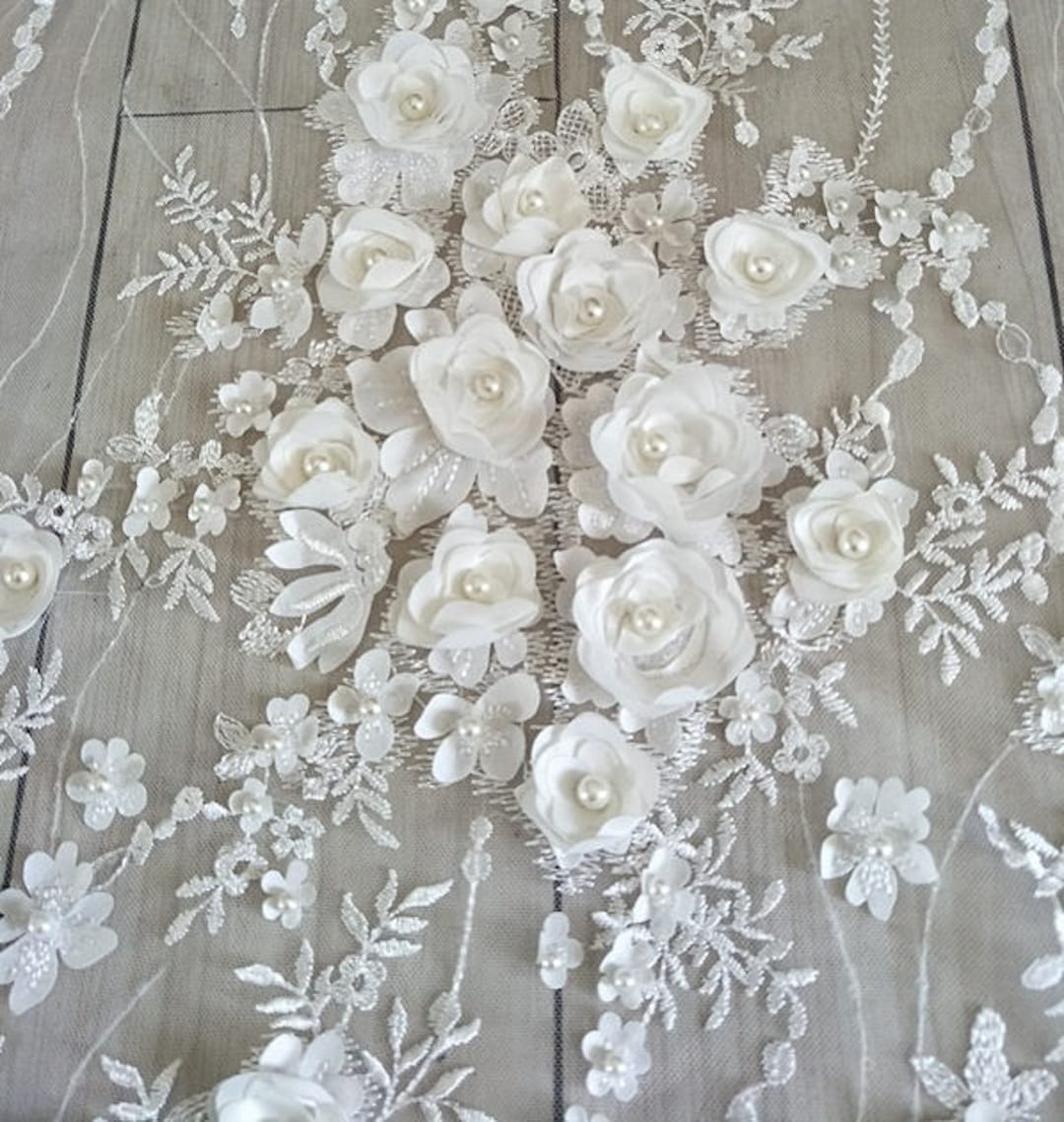 3D Bridal Lace Fabric, Beaded Lace Fabric, 3D Rose Lace, Rosette