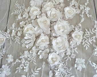 3D Bridal Lace fabric, Beaded Lace fabric, 3D Rose Lace, Rosette Bridal  lace, Off White Floral Wedding Lace, by Yard