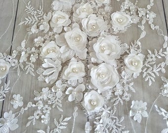 3D Bridal Lace fabric, Beaded Lace fabric, 3D Rose Lace, Rosette Bridal lace, Off White Floral Wedding Lace, by 1 Yard