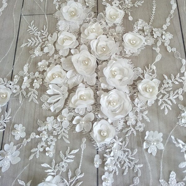3D Bridal Lace fabric, Beaded Lace fabric, 3D Rose Lace, Rosette Bridal lace, Off White Floral Wedding Lace, by 1 Yard