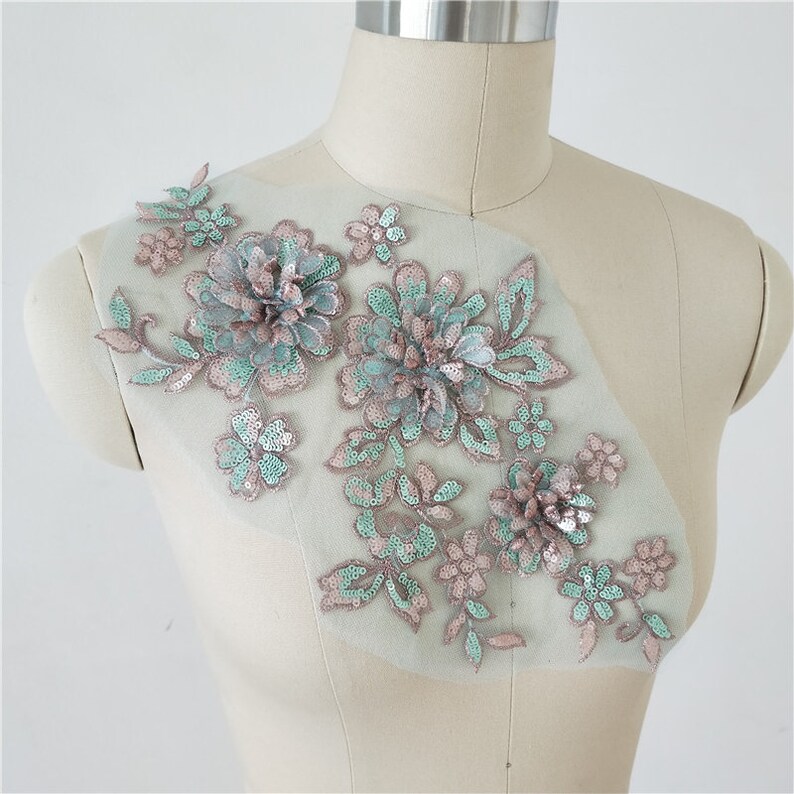 By 1 piece Evening Wear Embroidery Bodice Applique For Wedding gown Colorful Sequined 3D Flower Lace Applique Dance prom Bridal Dress