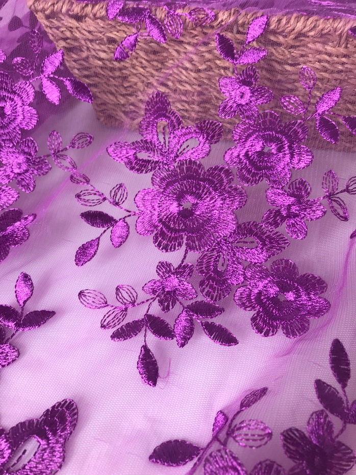 Purple Tulip Floral Embroidered Fabric