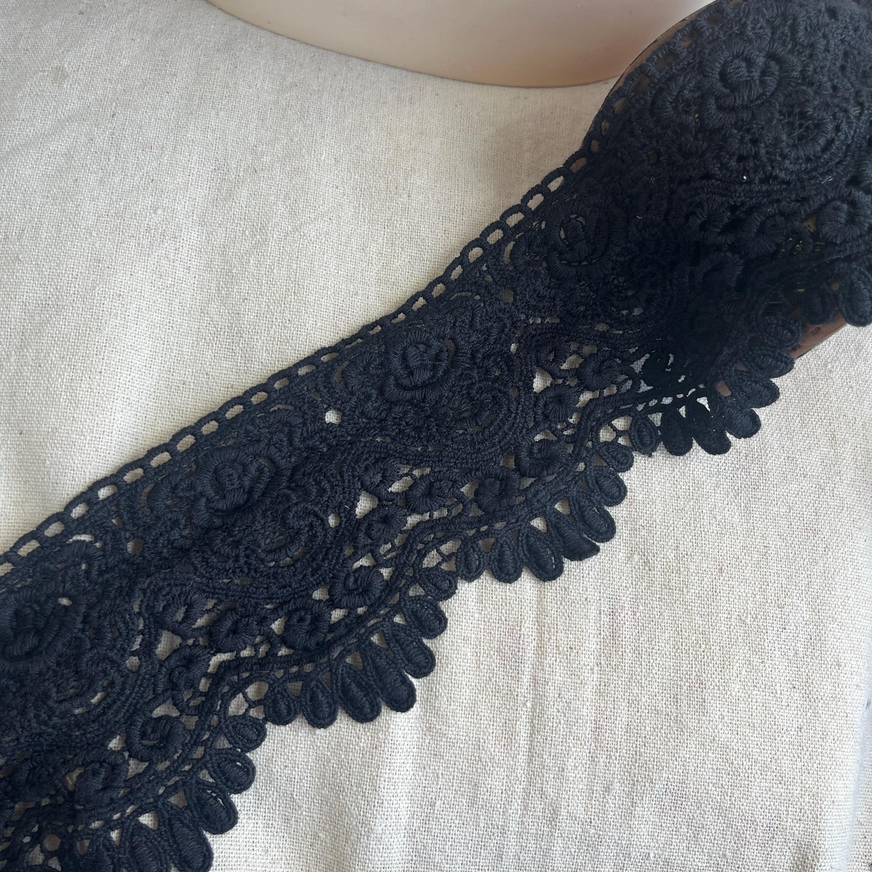 Black Lace Trim, Cotton Lace, Black Cotton Scalloped Trim