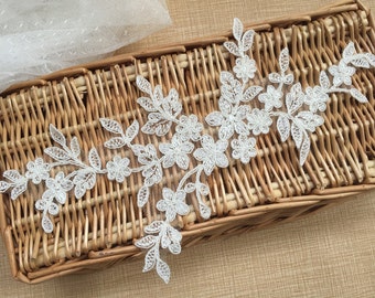 Alencon Lace Ivory Leaf Applique for Wedding Veils, Bridal, Headpiece, Wedding Cakes Decor, By 1 Pair